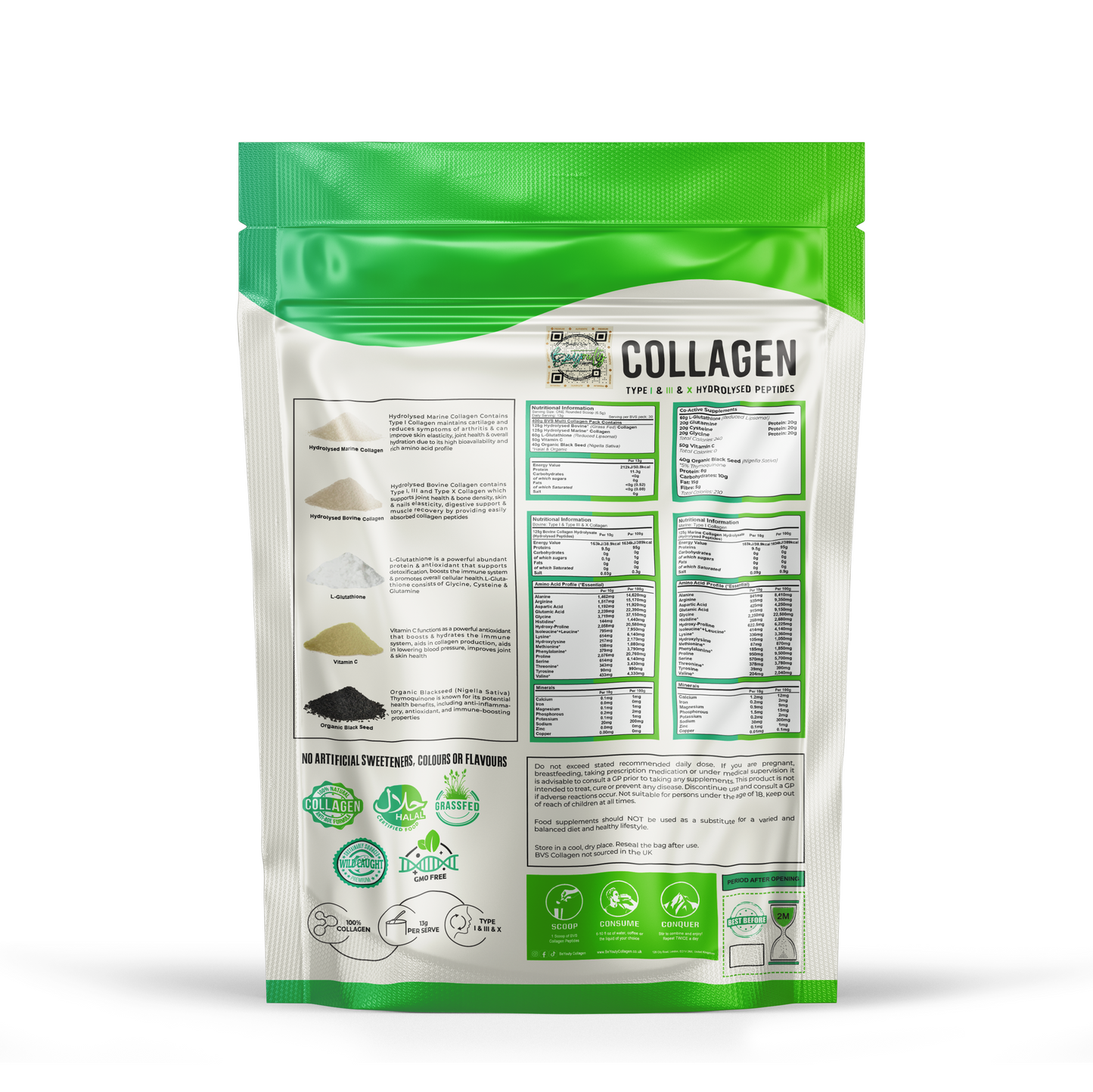 Back Pouch of PURE Hydrolysed Bovine & Marine Multi Halal Collagen TYPE I, III & X. Halal Collagen, Halal Collagen Supplements, Hydrolysed Bovine Collagen Peptides Powder, Hydrolysed Marine Collagen Peptides Powder,
Hydrolysed Multi Bovine & Marine Collagen Peptides Powder, Hydrolysed Collagen Peptides Powder UK, Buy Halal Collagen UK, Pure Hydrolysed Collagen Peptides Powder, BeYouty Collagen