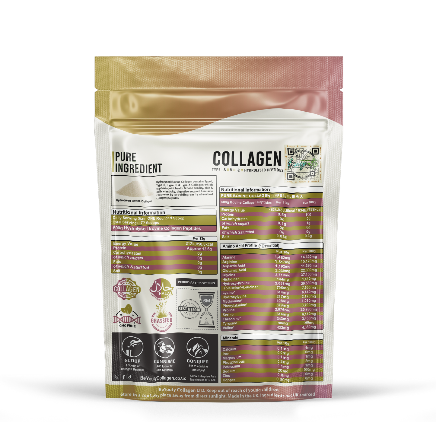 Back Pouch of Pure Hydrolysed Bovine Collagen Peptides supplement TYPE I, II, III & X - 500g Halal Collagen UK. BeYouty Collagen. Halal Supplements UK. BeYouty Vita Supplements UK. Buy Halal Collagen