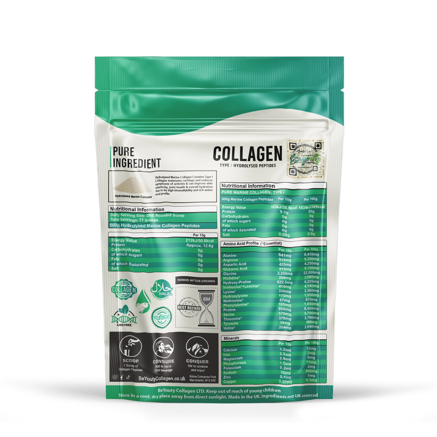 Back of Pouch Information of PURE Hydrolysed Canadian White Fish Marine Halal Collagen TYPE I. 500g. Halal Collagen, Halal Collagen Supplements, Hydrolysed Bovine Collagen Peptides Powder, Hydrolysed Marine Collagen Peptides Powder,
Hydrolysed Multi Bovine & Marine Collagen Peptides Powder, Hydrolysed Collagen Peptides Powder UK, Buy Halal Collagen UK, Pure Hydrolysed Collagen Peptides Powder, BeYouty Collagen