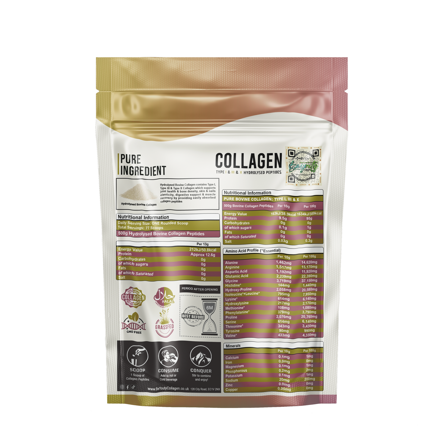 Back of Pouch with Information and pure ingredients information | Pure Hydrolysed Bovine Collagen Peptides supplement TYPE I, III & X - 500g Pure Halal Collagen
