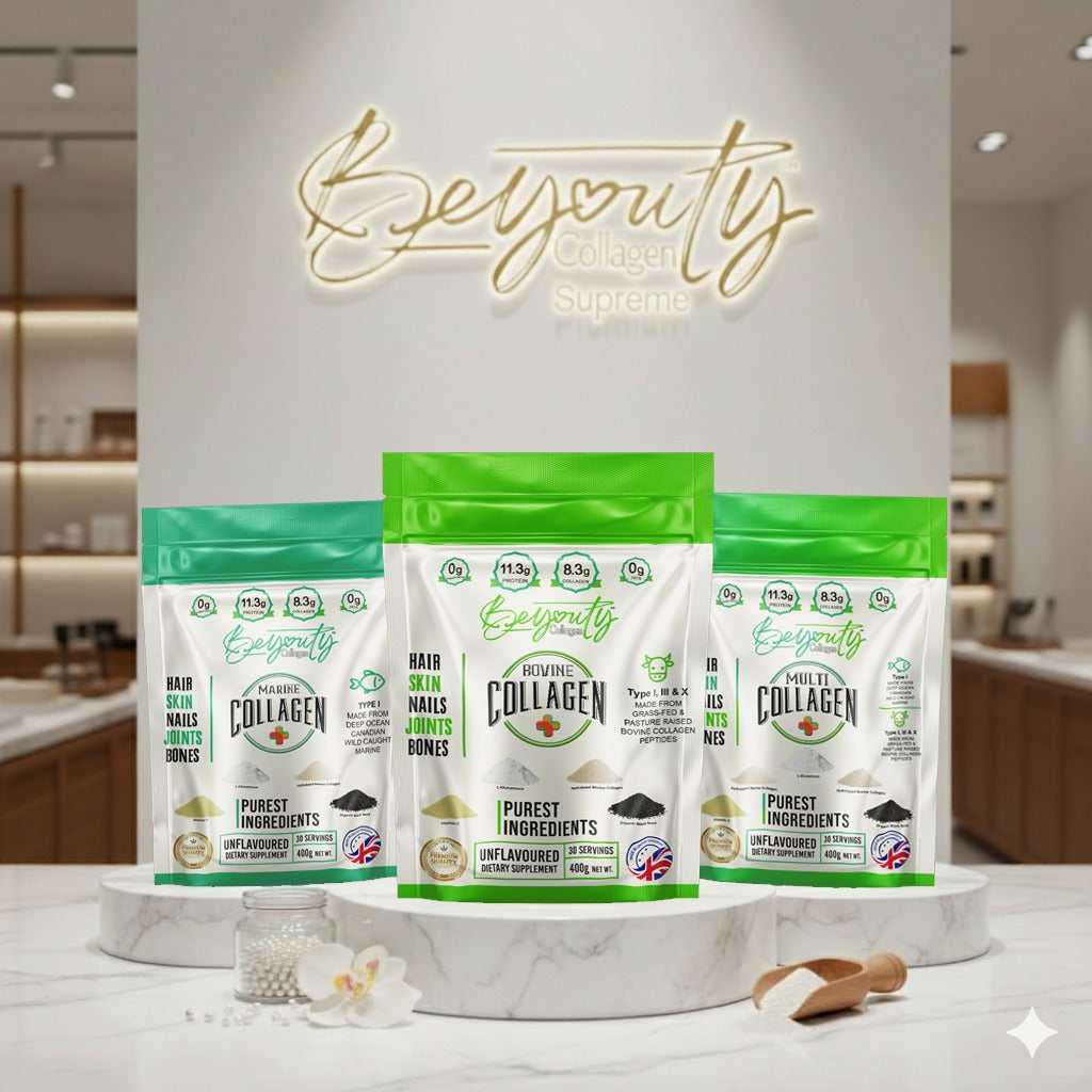 BeYouty Collagens on a display stand with BeYouty Logo above. BeYouty Collagen Pure Supreme Range -400g. TYPE I, III &  X. TYPE 1, 3 & X. Pure Collagens. Halal Collagen UK. Halal Supplements UK. BeYouty Collagen. Pure Hydrolysed Collagen Peptides Powder. Bovine & Marine Collagen.  Pure Collagen With Added Super Antioxidents, Glutathione, Vitamin C & Black Seed. Pure Ingredients.