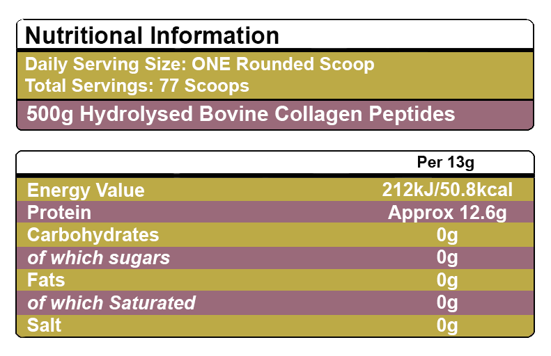 Nutrational information of Pure Hydrolysed Bovine Collagen Peptides supplement TYPE I, III & X - 500g | Unflavoured