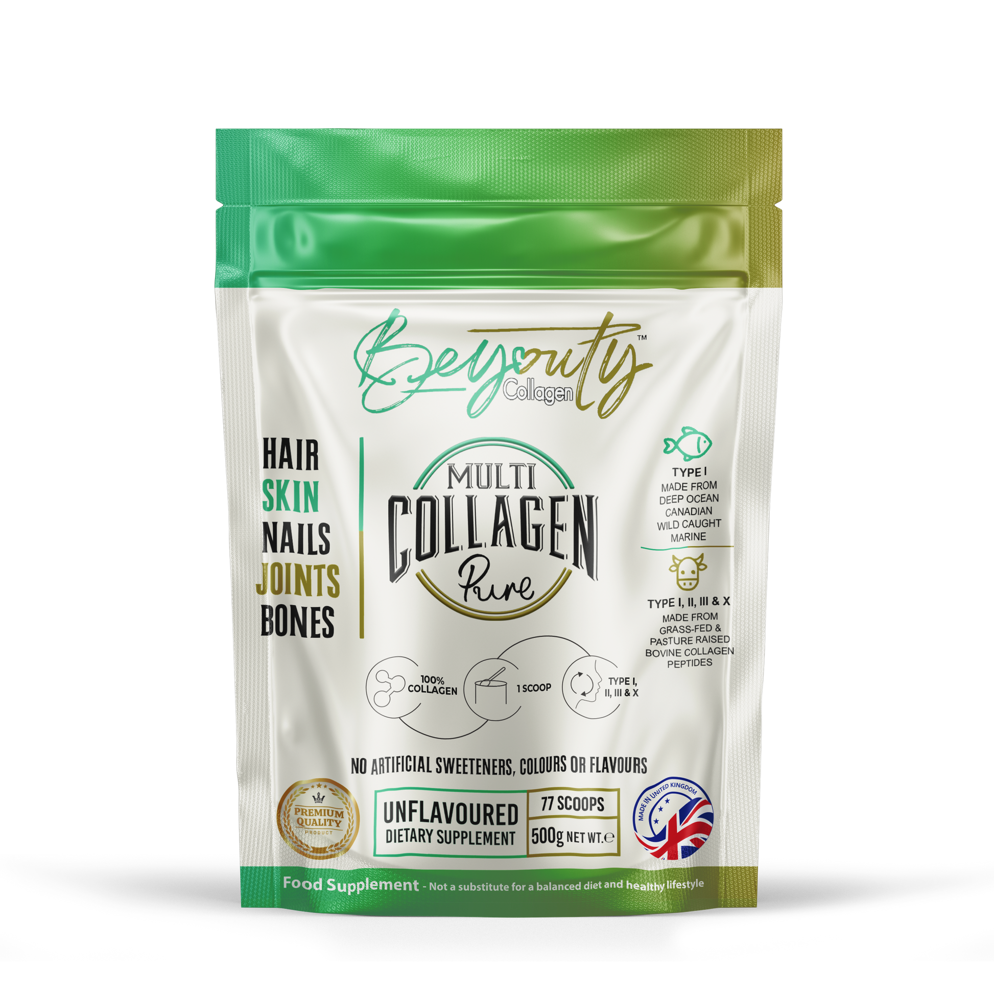 Front Pouch of PURE Hydrolysed Bovine & Marine Multi Halal Collagen TYPE I, II, III & X. 500g. Halal Collagen, Halal Collagen Supplements, Hydrolysed Bovine Collagen Peptides Powder, Hydrolysed Marine Collagen Peptides Powder,
Hydrolysed Multi Bovine & Marine Collagen Peptides Powder, Hydrolysed Collagen Peptides Powder UK, Buy Halal Collagen UK, Pure Hydrolysed Collagen Peptides Powder, BeYouty Collagen