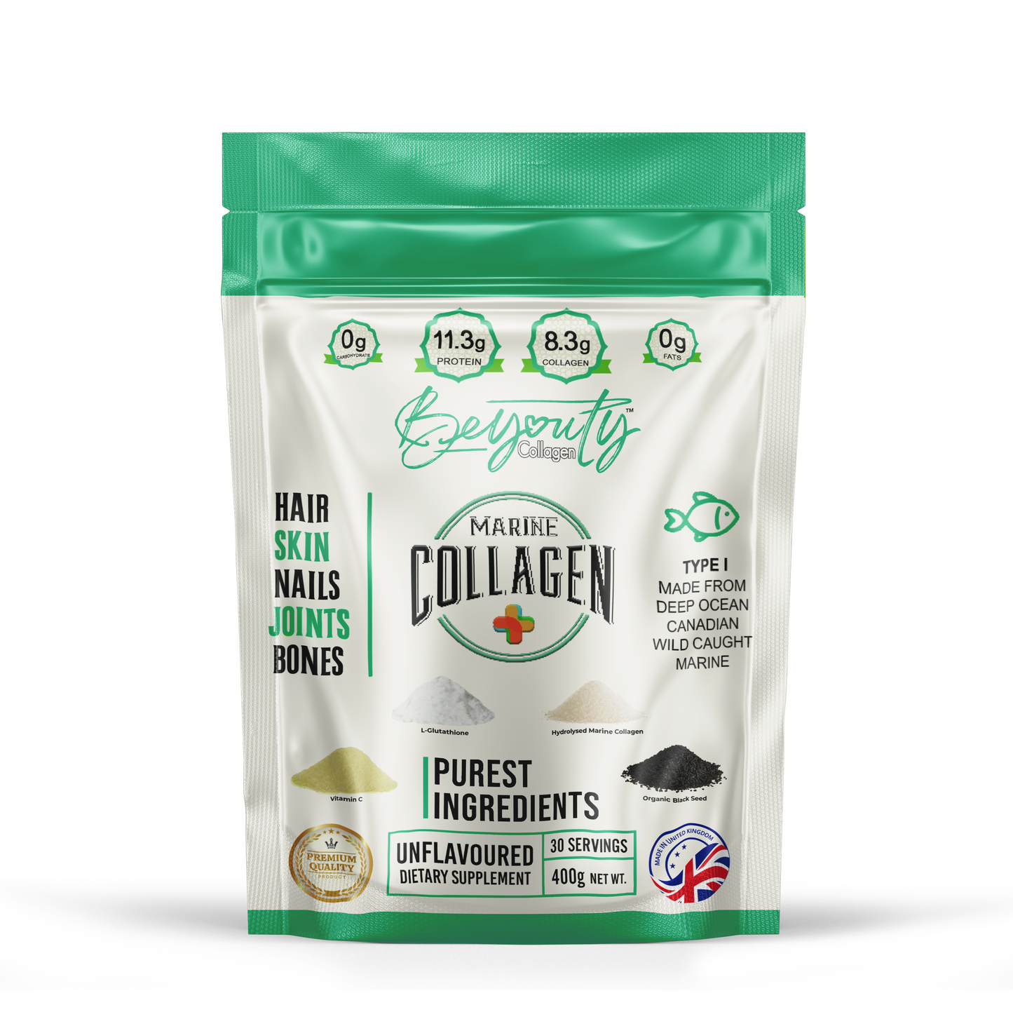 Front of Pouch Information of PURE Hydrolysed Canadian White Fish Marine Halal Collagen TYPE I. Halal Collagen, Halal Collagen Supplements, Hydrolysed Bovine Collagen Peptides Powder, Hydrolysed Marine Collagen Peptides Powder,
Hydrolysed Multi Bovine & Marine Collagen Peptides Powder, Hydrolysed Collagen Peptides Powder UK, Buy Halal Collagen UK, Pure Hydrolysed Collagen Peptides Powder, BeYouty Collagen