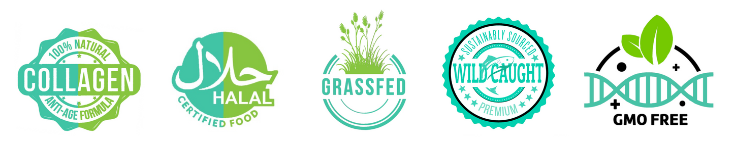 Halal logo, 100% natural collagen logo, grassfeed logo, gmo free Halal Collagen UK Made In The UK Pure Collagen Purest Collagen Peptides Powder Halal Supplements UK