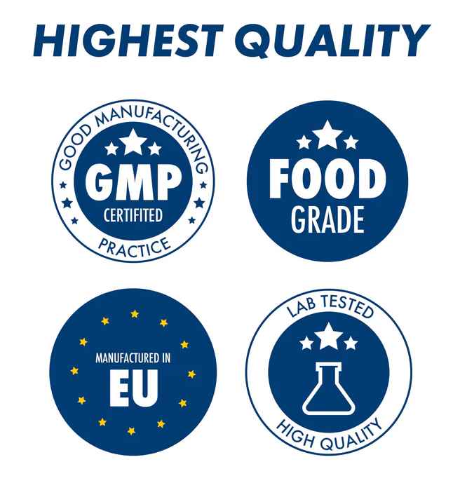 Highest quality food grade logo GMP Certified Good Manufacturing Practice Food Grade Supplement Made In the UK Lab Tested High Quality