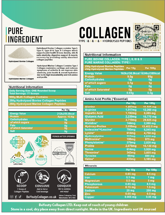 Back of Hydrolysed Multi Collagen Pure Premium High Grade Hydrolysed Collagen Protein Peptides Powder, Perfection for Hair, Skin, Nails, Joints, Bones & Muscle Halal Collagen, Halal Collagen Supplements, Hydrolysed Bovine Collagen Peptides Powder, Hydrolysed Marine Collagen Peptides Powder,
Hydrolysed Multi Bovine & Marine Collagen Peptides Powder, Hydrolysed Collagen Peptides Powder UK, Buy Halal Collagen UK, Pure Hydrolysed Collagen Peptides Powder, BeYouty Collagen. TYPE 1. TYPE I. 500G. Multi Collagen