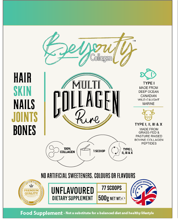 Front of Hydrolysed Multi Collagen Pure Premium High Grade Hydrolysed Collagen Protein Peptides Powder, Perfection for Hair, Skin, Nails, Joints, Bones & Muscle Halal Collagen, Halal Collagen Supplements, Hydrolysed Bovine Collagen Peptides Powder, Hydrolysed Marine Collagen Peptides Powder,
Hydrolysed Multi Bovine & Marine Collagen Peptides Powder, Hydrolysed Collagen Peptides Powder UK, Buy Halal Collagen UK, Pure Hydrolysed Collagen Peptides Powder, BeYouty Collagen. TYPE 1. TYPE I. 500G. Multi Collagen