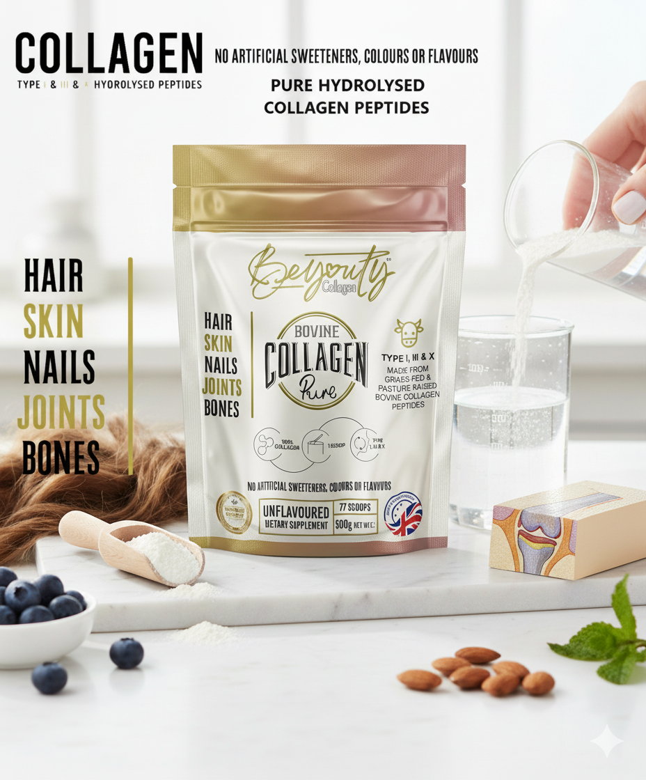 Pure Hydrolysed Bovine Collagen Peptides supplement TYPE I, III & X - 500g | Unflavoured