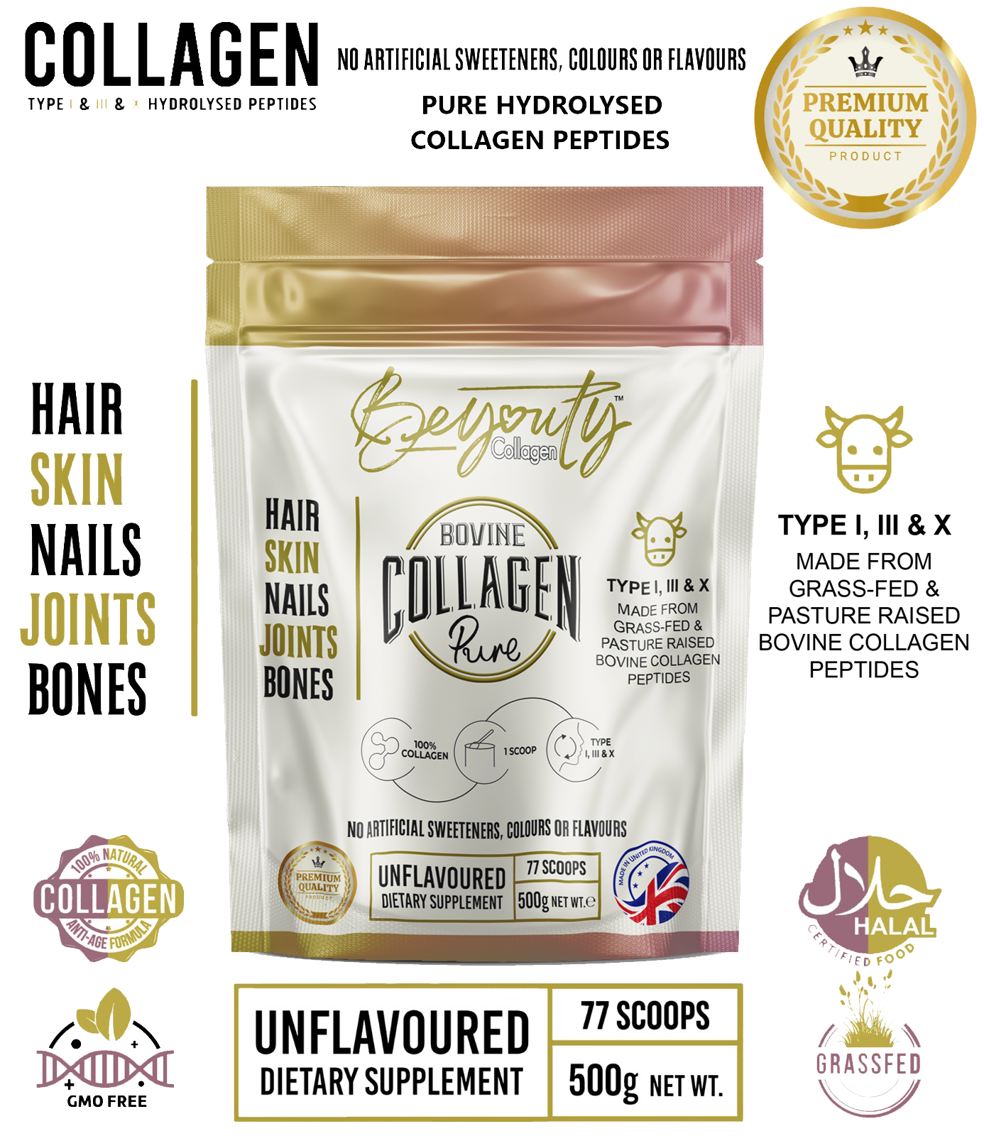 Pure Hydrolysed Bovine Collagen Peptides supplement TYPE I, III & X - 500g | Unflavoured Made in the UK