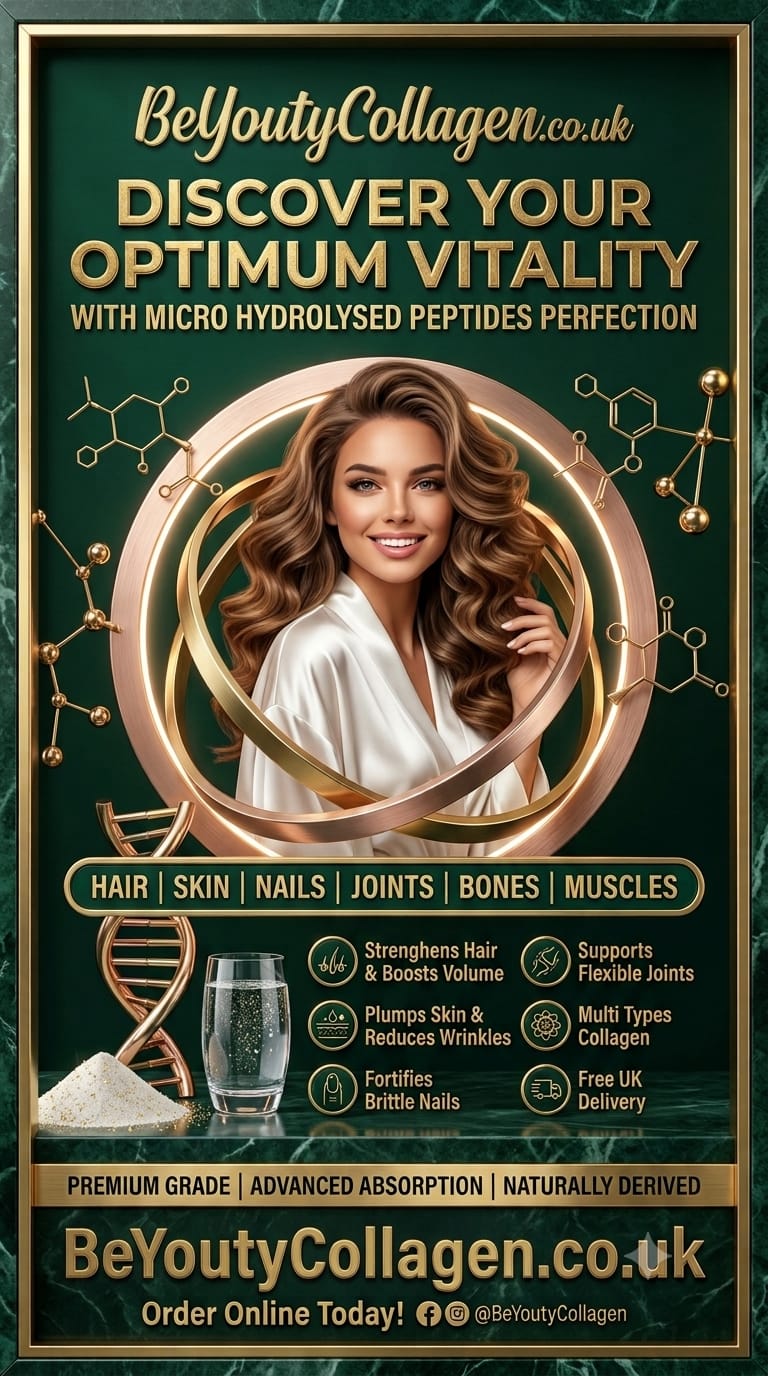 A promotional banner for BeYouty Collagen, featuring a smiling woman with long wavy brown hair in a white robe inside a gold circular frame. The background is dark green with gold text and graphics highlighting benefits for hair, skin, nails, bones, and muscles. Pure Multi Types Hydrolysed Peptides Collagen Powder 550g