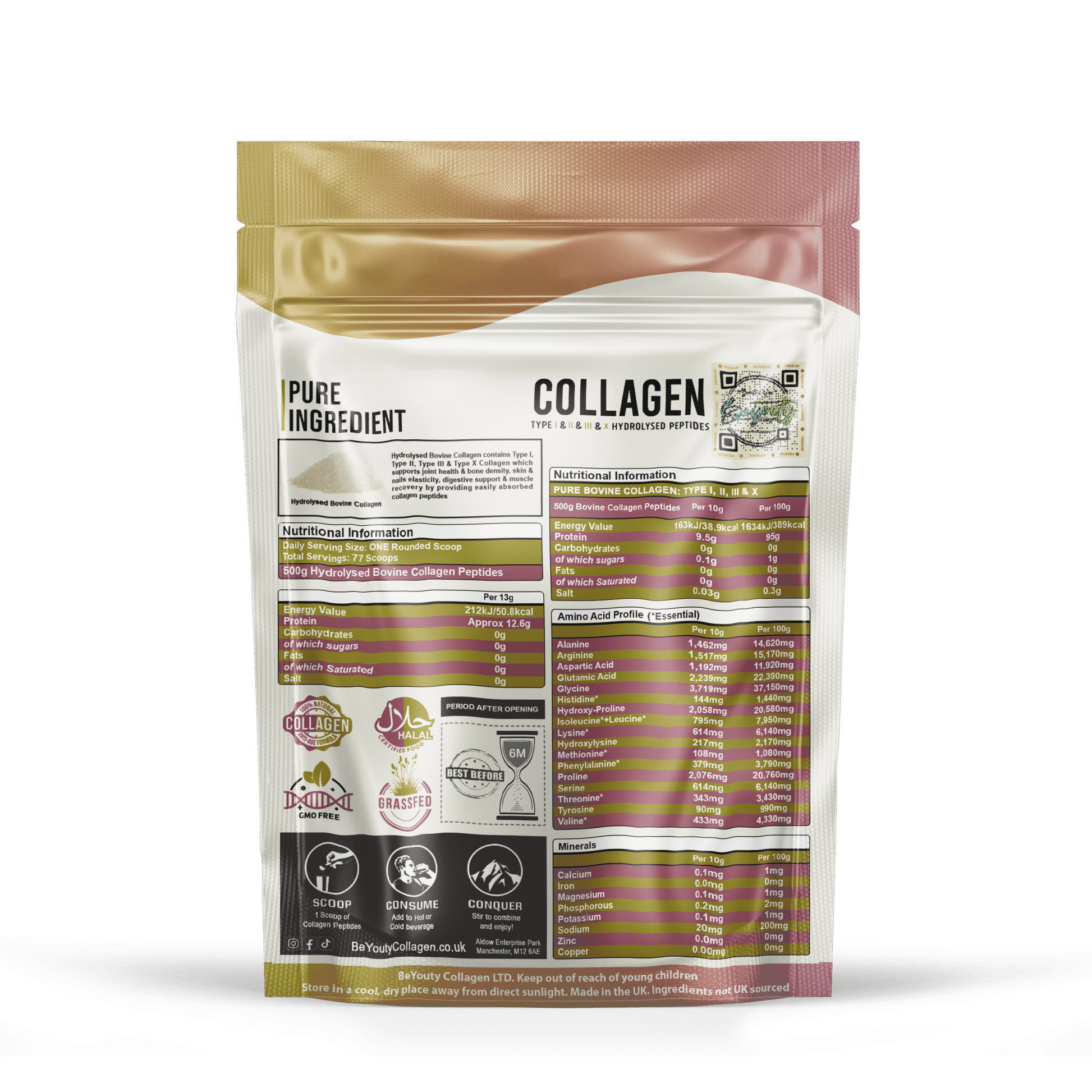 Back Package of collagen powder with nutritional information on a green background. Unflavoured Halal Collagen, Halal Collagen Supplements, Hydrolysed Bovine Collagen Peptides Powder, Hydrolysed Marine Collagen Peptides Powder,
Hydrolysed Multi Bovine & Marine Collagen Peptides Powder, Hydrolysed Collagen Peptides Powder UK, Buy Halal Collagen UK, Pure Hydrolysed Collagen "Halal collagen powder UK – BeYouty Collagen"