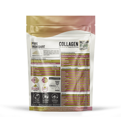 Back Package of collagen powder with nutritional information on a green background. Unflavoured Halal Collagen, Halal Collagen Supplements, Hydrolysed Bovine Collagen Peptides Powder, Hydrolysed Marine Collagen Peptides Powder,
Hydrolysed Multi Bovine & Marine Collagen Peptides Powder, Hydrolysed Collagen Peptides Powder UK, Buy Halal Collagen UK, Pure Hydrolysed Collagen "Halal collagen powder UK – BeYouty Collagen"