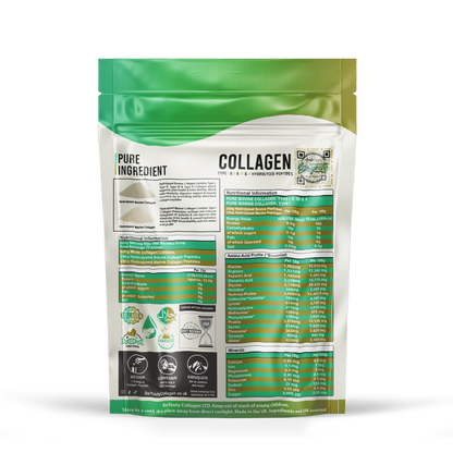 Back Pouch of PURE Hydrolysed Bovine & Marine Multi Halal Collagen TYPE I, II, III & X. 500g. Halal Collagen, Halal Collagen Supplements, Hydrolysed Bovine Collagen Peptides Powder, Hydrolysed Marine Collagen Peptides Powder,
Hydrolysed Multi Bovine & Marine Collagen Peptides Powder, Hydrolysed Collagen Peptides Powder UK, Buy Halal Collagen UK, Pure Hydrolysed Collagen Peptides Powder, BeYouty Collagen 