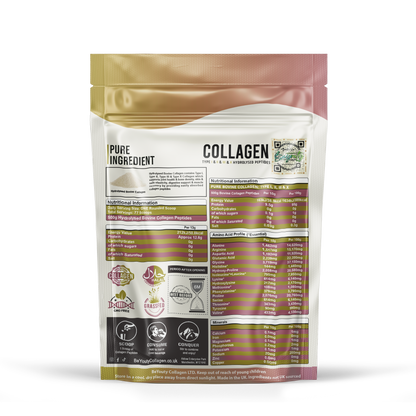 Back Pouch of Pure Hydrolysed Bovine Collagen Peptides supplement TYPE I, II, III & X - 500g Halal Collagen UK. BeYouty Collagen. Halal Supplements UK. BeYouty Vita Supplements UK. Buy Halal Collagen