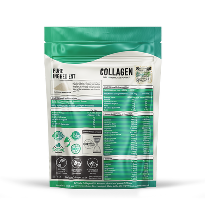 Back of Pouch Information of PURE Hydrolysed Canadian White Fish Marine Halal Collagen TYPE I. 500g. Halal Collagen, Halal Collagen Supplements, Hydrolysed Bovine Collagen Peptides Powder, Hydrolysed Marine Collagen Peptides Powder,
Hydrolysed Multi Bovine & Marine Collagen Peptides Powder, Hydrolysed Collagen Peptides Powder UK, Buy Halal Collagen UK, Pure Hydrolysed Collagen Peptides Powder, BeYouty Collagen