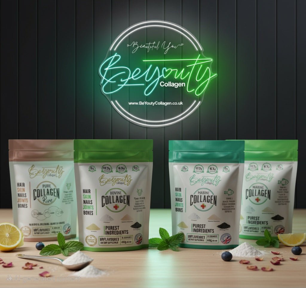 Best Halal Collagen Powder UK. BeYouty Collagen product packaging on a wooden surface with a neon sign in the background. BeYouty Collagen. BeYouty Collagen. BeYouty Collagen Peptides. Unflavoured Halal Collagen, Halal Collagen Supplements, Hydrolysed Bovine Collagen Peptides Powder, Hydrolysed Marine Collagen Peptides Powder,
Hydrolysed Multi Bovine & Marine Collagen Peptides Powder, Hydrolysed Collagen Peptides Powder UK, Buy Halal Collagen UK, Pure Hydrolysed Collagen 