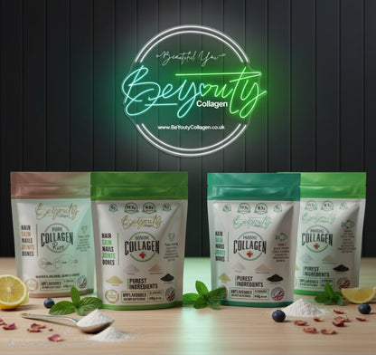 Best Halal Collagen Powder UK. BeYouty Collagen product packaging on a wooden surface with a neon sign in the background. BeYouty Collagen. BeYouty Collagen. BeYouty Collagen Peptides. Unflavoured Halal Collagen, Halal Collagen Supplements, Hydrolysed Bovine Collagen Peptides Powder, Hydrolysed Marine Collagen Peptides Powder,
Hydrolysed Multi Bovine & Marine Collagen Peptides Powder, Hydrolysed Collagen Peptides Powder UK, Buy Halal Collagen UK, Pure Hydrolysed Collagen 