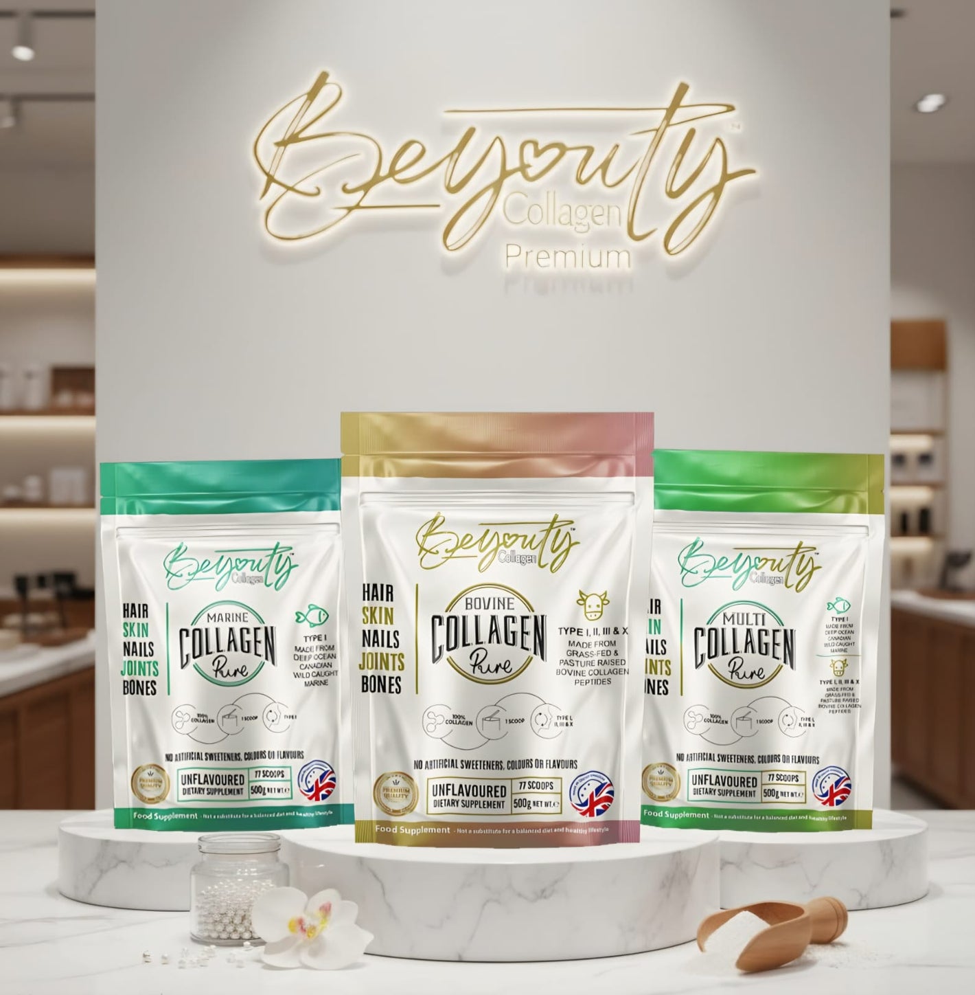 Pure Premium Range Collagen powder packages on a marble stand with 'BeYouty Collagen Premium' branding in a modern setting. 500g Bovine, Marine, Multi Collagen. Unflavoured Halal Collagen, Halal Collagen Supplements, Hydrolysed Bovine Collagen Peptides Powder, Hydrolysed Marine Collagen Peptides Powder,
Hydrolysed Multi Bovine & Marine Collagen Peptides Powder, Hydrolysed Collagen Peptides Powder UK, Buy Halal Collagen UK, Pure Hydrolysed Collagen "Halal collagen powder UK – BeYouty Collagen"