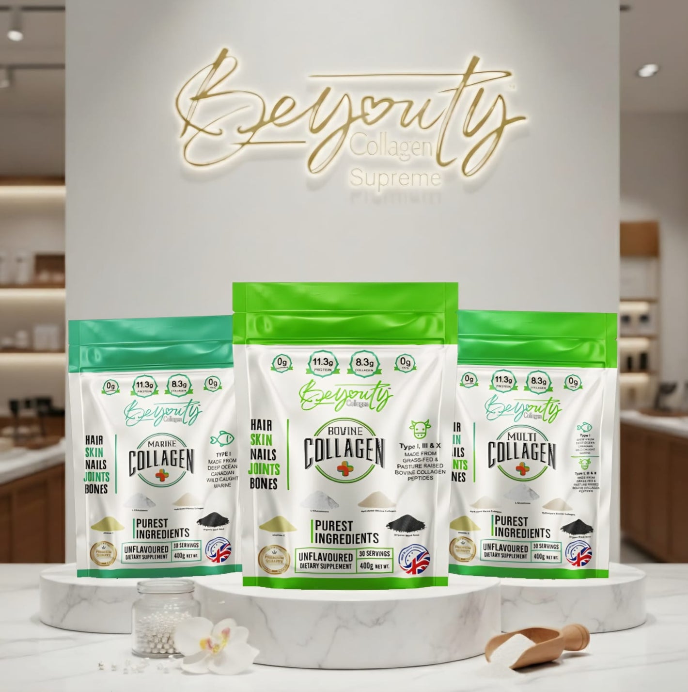 Supreme+ Collagen Range Hydrolysed Bovine & Marine Multi Collagen Peptides + Antioxidants TYPE I, III & X - 400g. Grass-Fed Beef Bovine TYPE I, III & X. White Fish Marine TYPE I. BeYouty Collagen. Unflavoured Halal Collagen, Halal Collagen Supplements, Hydrolysed Bovine Collagen Peptides Powder, Hydrolysed Marine Collagen Peptides Powder,
Hydrolysed Multi Bovine & Marine Collagen Peptides Powder, Hydrolysed Collagen Peptides Powder UK, Buy Halal Collagen UK, "Halal collagen powder UK – BeYouty Collagen" 