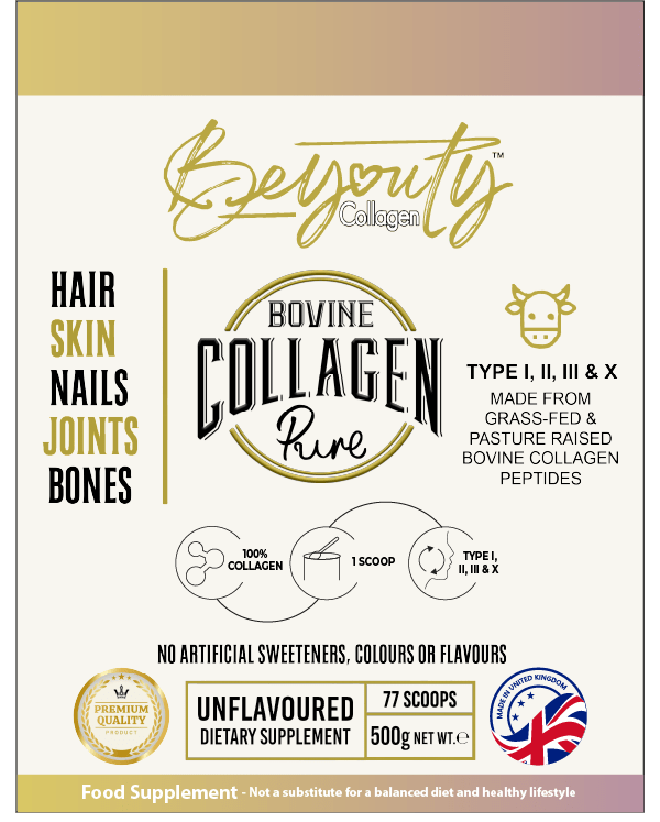 BeYouty Collagen packaging with branding and product details on a white background. Unflavoured Halal Collagen, Halal Collagen Supplements, Hydrolysed Bovine Collagen Peptides Powder, Hydrolysed Marine Collagen Peptides Powder,
Hydrolysed Multi Bovine & Marine Collagen Peptides Powder, Hydrolysed Collagen Peptides Powder UK, Buy Halal Collagen UK, Pure Hydrolysed Collagen "Halal collagen powder UK – BeYouty Collagen"
