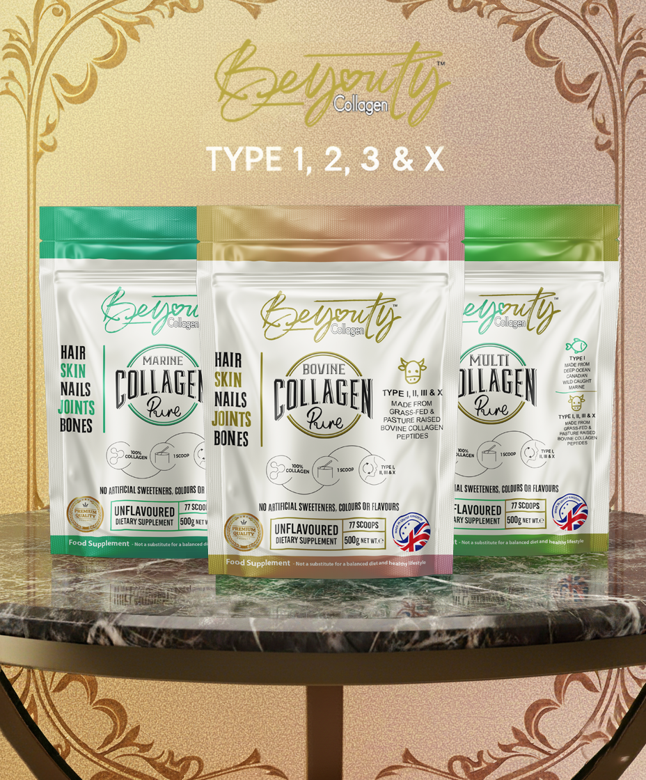 Three Best Collagen supplement packages on a marble surface with a decorative background. Best Halal Collagen Powder UK. BeYouty Collagen product packaging on a marble  surface with a logo in the background. BeYouty Collagen. BeYouty Collagen. BeYouty Collagen Peptides. Unflavoured Halal Collagen, Halal Collagen Supplements, Hydrolysed Bovine Collagen Peptides Powder, Hydrolysed Marine Collagen Peptides Powder,
Hydrolysed Multi Bovine & Marine Collagen Peptides Powder, Hydrolysed Collagen Peptides Powder UK