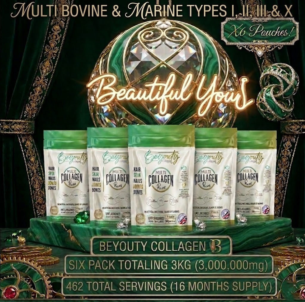 Beyouty Collagen packages on a decorative stand with 'Beautiful You' sign. Beyouty Collagen packaging with decorative frame and text. Pure Bovine & Marine Multi Types Collagen Hydrolysed Peptides - 3KG - BeYouty Collagen™ with added Vitamin c, Hyaluronic Acid and COQ10 x6 Multi Pouches Multi Discount Collagen Bundle