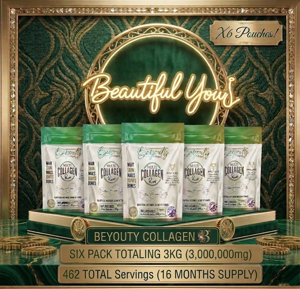 Beyouty Collagen packaging with decorative frame and text. Pure Bovine & Marine Multi Types Collagen Hydrolysed Peptides - 3KG - BeYouty Collagen™ with added Vitamin c, Hyaluronic Acid and COQ10 x6 Multi Pouches Multi Discount Collagen Bundle