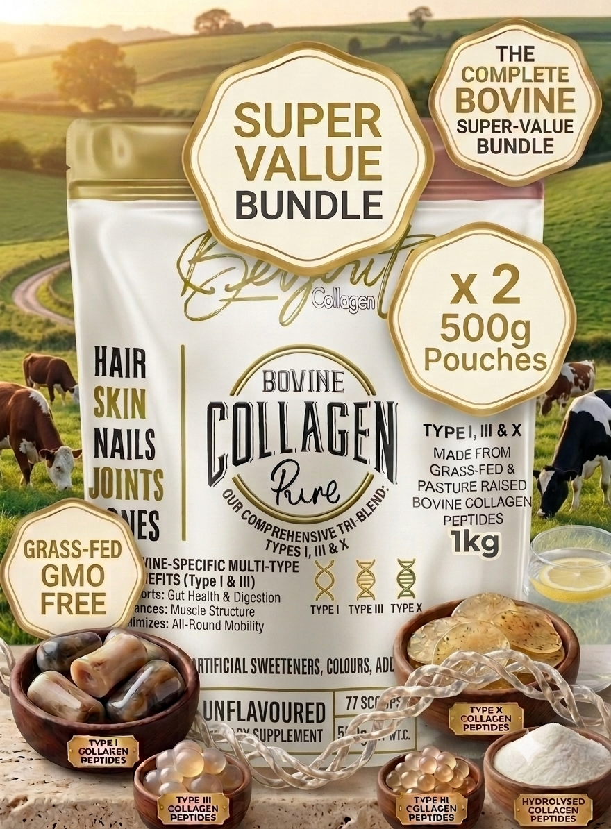 A promotional bundle graphic for Bovine Collagen Pure collagen supplement pouches. The main product is a large white pouch with gold and black text, surrounded by smaller pouches and decorative badges indicating a 'Super Value Bundle' with 'x 2 500g Pouches'. 1kg Bovine Hydrolysed Peptides Powder