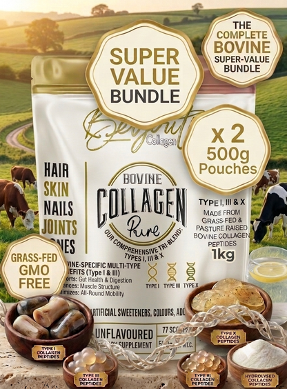 A promotional bundle graphic for Bovine Collagen Pure collagen supplement pouches. The main product is a large white pouch with gold and black text, surrounded by smaller pouches and decorative badges indicating a 'Super Value Bundle' with 'x 2 500g Pouches'. 1kg Bovine Hydrolysed Peptides Powder