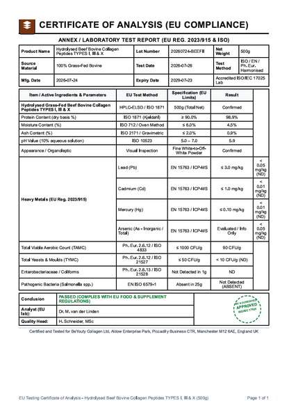 A laboratory test report certificate for a supplement Bovine Hydrolysed Collagen Peptides Types I, III & X, titled 'Certificate of Analysis (EU Compliance)', showing product details, test parameters, results, and compliance information in a structured table format.