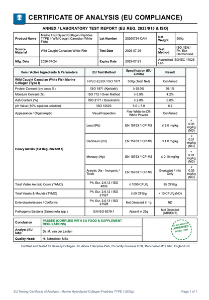 A document page titled 'CERTIFICATE OF ANALYSIS REPORT (EU COMPLIANCE)' with a table of test results for marine collagen products, including product name, material source, test details, and compliance references. Marine Hydrolysed Collagen Peptides Powder Types I