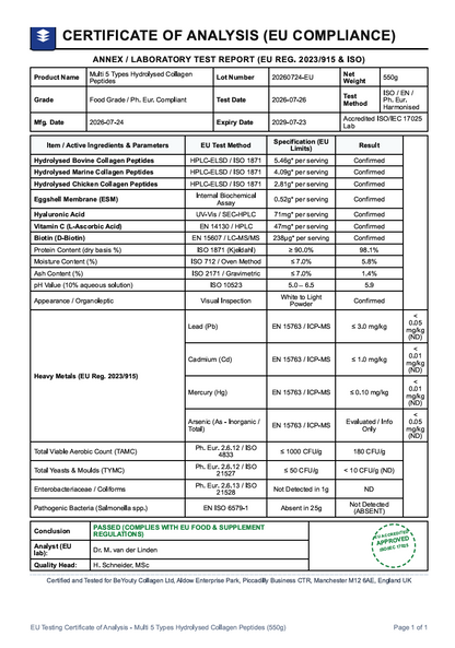 A document page titled 'ANNEX / CERTIFICATE OF ANALYSIS REPORT (EU COMPLIANCE)' with tables and text detailing test results for hydrolysed collagen peptides, including product name, lot number, grade, expiry date, and compliance status. Multi 5 Types Bovine and Marine and Chicken and ESM Hydrolysed Collagen Peptides Powder Types I, II, III, V & X with Vitamin C and Hyaluronic Acid and Biotin