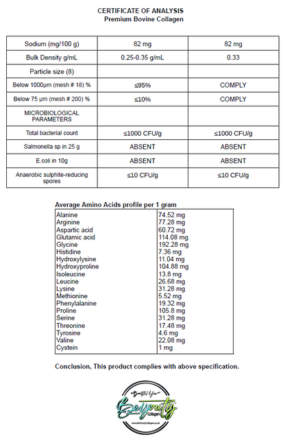 Certificate of Analysis for Premium Bovine Collagen with detailed nutritional and microbiological data. BeYouty Collagen