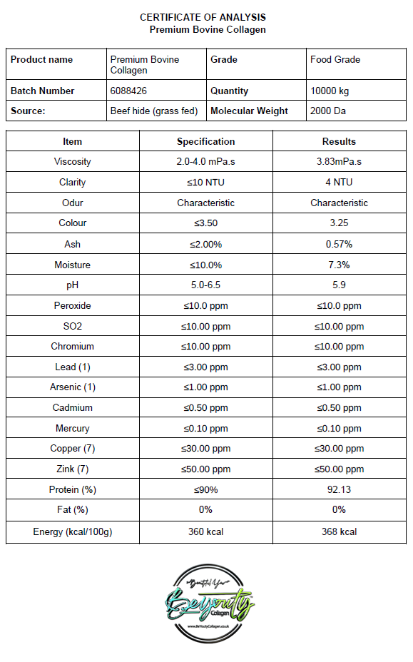 Certificate of Analysis for Premium Bovine Collagen with detailed specifications. BeYouty Collagen