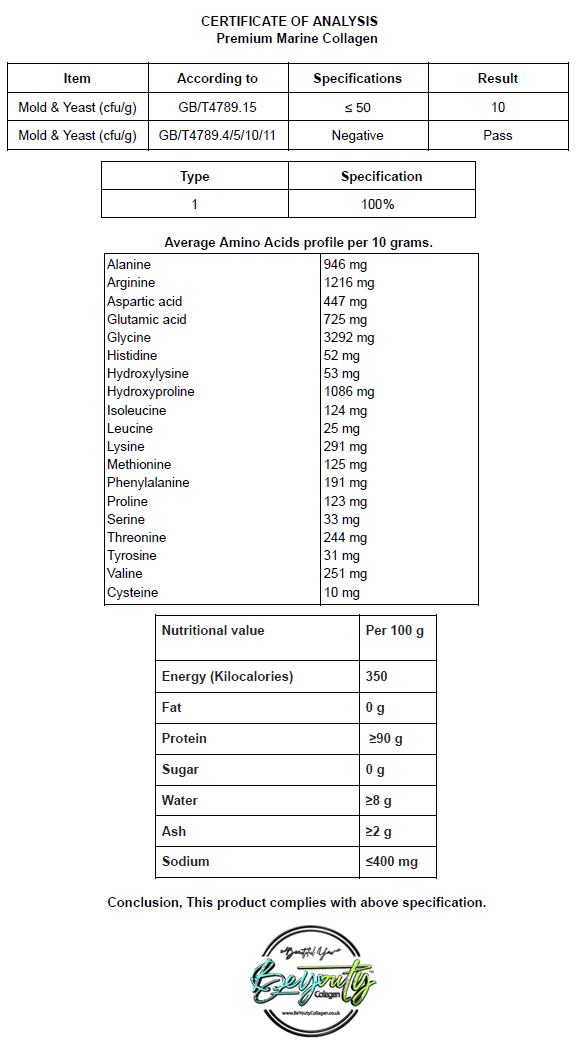 Certificate of Analysis for Premium Marine Collagen with amino acid profile and nutritional values. BeYouty Collagen. BeYouty Collagen. BeYouty Collagen Peptides. Unflavoured Halal Collagen, Halal Collagen Supplements, Hydrolysed Bovine Collagen Peptides Powder, Hydrolysed Marine Collagen Peptides Powder,
Hydrolysed Multi Bovine & Marine Collagen Peptides Powder, Hydrolysed Collagen Peptides Powder UK, Buy Halal Collagen UK, Pure Hydrolysed Collagen "Halal collagen powder UK – BeYouty Collagen"