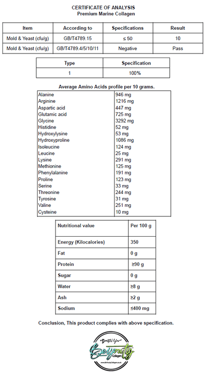 Certificate of Analysis for Premium Marine Collagen with amino acid profile and nutritional values. BeYouty Collagen. BeYouty Collagen. BeYouty Collagen Peptides. Unflavoured Halal Collagen, Halal Collagen Supplements, Hydrolysed Bovine Collagen Peptides Powder, Hydrolysed Marine Collagen Peptides Powder,
Hydrolysed Multi Bovine & Marine Collagen Peptides Powder, Hydrolysed Collagen Peptides Powder UK, Buy Halal Collagen UK, Pure Hydrolysed Collagen "Halal collagen powder UK – BeYouty Collagen"
