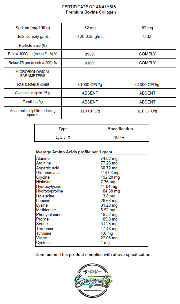 Certificate of Analysis for premium bovine collagen with detailed specifications. Unflavoured Halal Collagen, Halal Collagen Supplements, Hydrolysed Bovine Collagen Peptides Powder, Hydrolysed Marine Collagen Peptides Powder,
Hydrolysed Multi Bovine & Marine Collagen Peptides Powder, Hydrolysed Collagen Peptides Powder UK, Buy Halal Collagen UK, Pure Hydrolysed Collagen "Halal collagen powder UK – BeYouty Collagen"