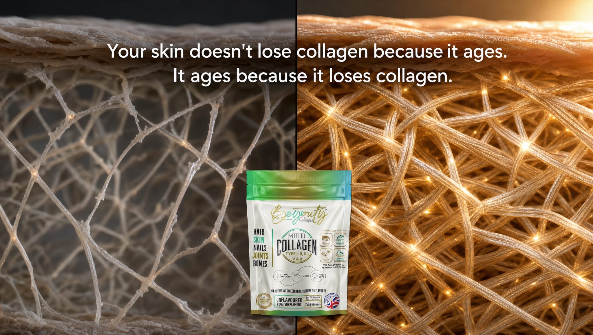 Collagen packaging with text about collagen loss and aging, showing before and after images of skin texture. Multi 5 Types Hydrolysed Collagen Peptides Powder