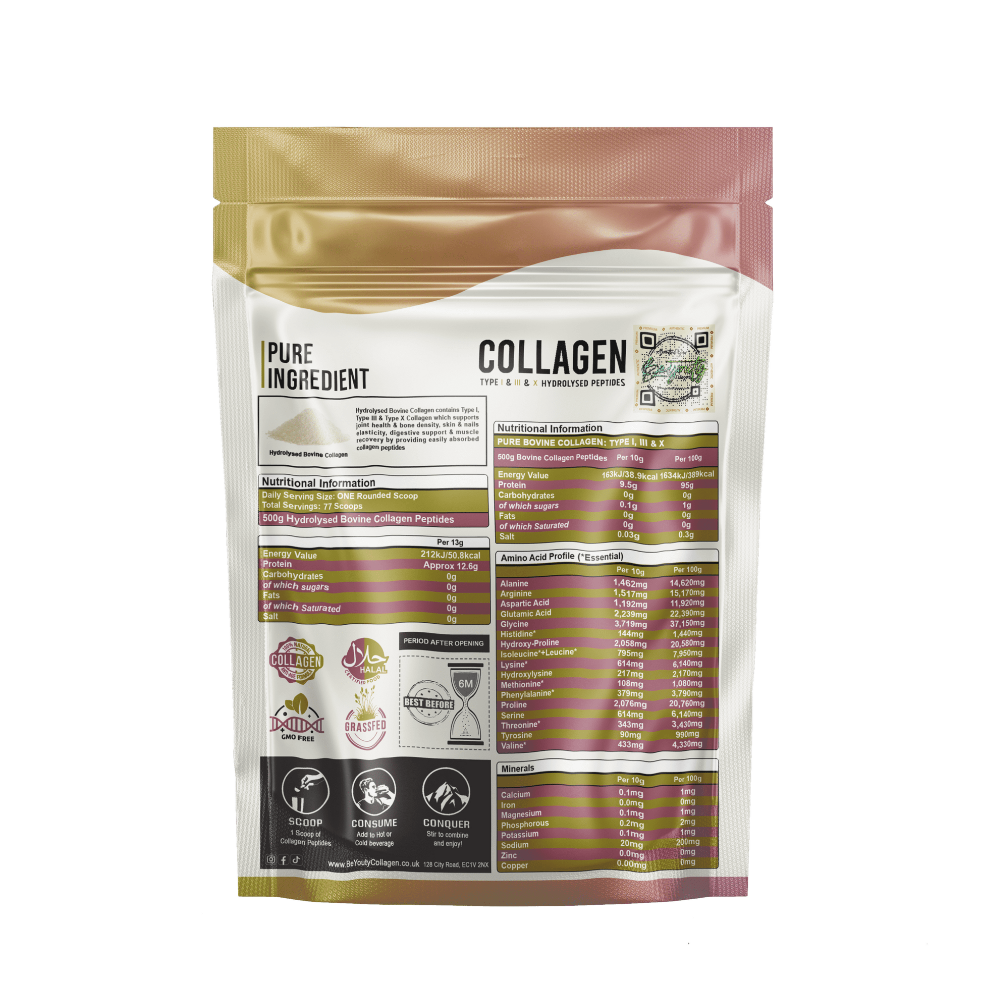 Collagen powder package with nutritional information on a white background. Unflavoured Halal Collagen, Halal Collagen Supplements, Hydrolysed Bovine Collagen Peptides Powder, Hydrolysed Marine Collagen Peptides Powder,
Hydrolysed Multi Bovine & Marine Collagen Peptides Powder, Hydrolysed Collagen Peptides Powder UK, Buy Halal Collagen UK, Pure Hydrolysed Collagen "Halal collagen powder UK – BeYouty Collagen"