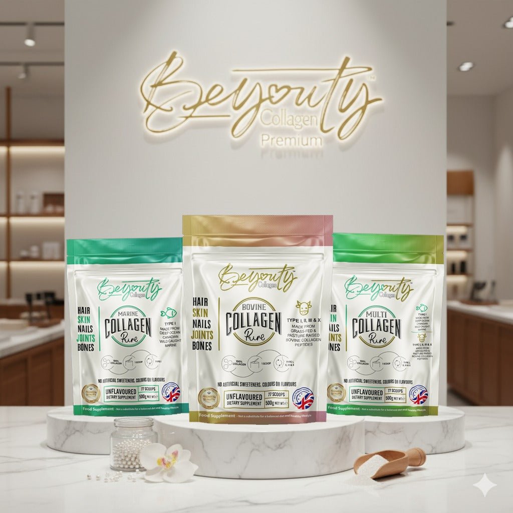 Collagen powder packages on a marble stand with 'BeYouty Collagen Premium' branding in a modern setting. 500g Bovine, Marine, Multi Collagen. Unflavoured Halal Collagen, Halal Collagen Supplements, Hydrolysed Bovine Collagen Peptides Powder, Hydrolysed Marine Collagen Peptides Powder,
Hydrolysed Multi Bovine & Marine Collagen Peptides Powder, Hydrolysed Collagen Peptides Powder UK, Buy Halal Collagen UK, Pure Hydrolysed Collagen "Halal collagen powder UK – BeYouty Collagen"