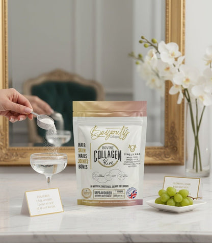 Collagen powder packaging with a spoon and grapes on a decorative surface. Unflavoured Halal Collagen, Halal Collagen Supplements, Hydrolysed Bovine Collagen Peptides Powder, Hydrolysed Marine Collagen Peptides Powder,
Hydrolysed Multi Bovine & Marine Collagen Peptides Powder, Hydrolysed Collagen Peptides Powder UK, Buy Halal Collagen UK, Pure Hydrolysed Collagen "Halal collagen powder UK – BeYouty Collagen"