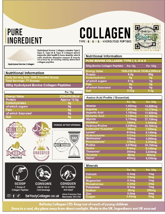Collagen product label with nutritional information and branding details. Unflavoured Halal Collagen, Halal Collagen Supplements, Hydrolysed Bovine Collagen Peptides Powder, Hydrolysed Marine Collagen Peptides Powder,
Hydrolysed Multi Bovine & Marine Collagen Peptides Powder, Hydrolysed Collagen Peptides Powder UK, Buy Halal Collagen UK, Pure Hydrolysed Collagen "Halal collagen powder UK – BeYouty Collagen"