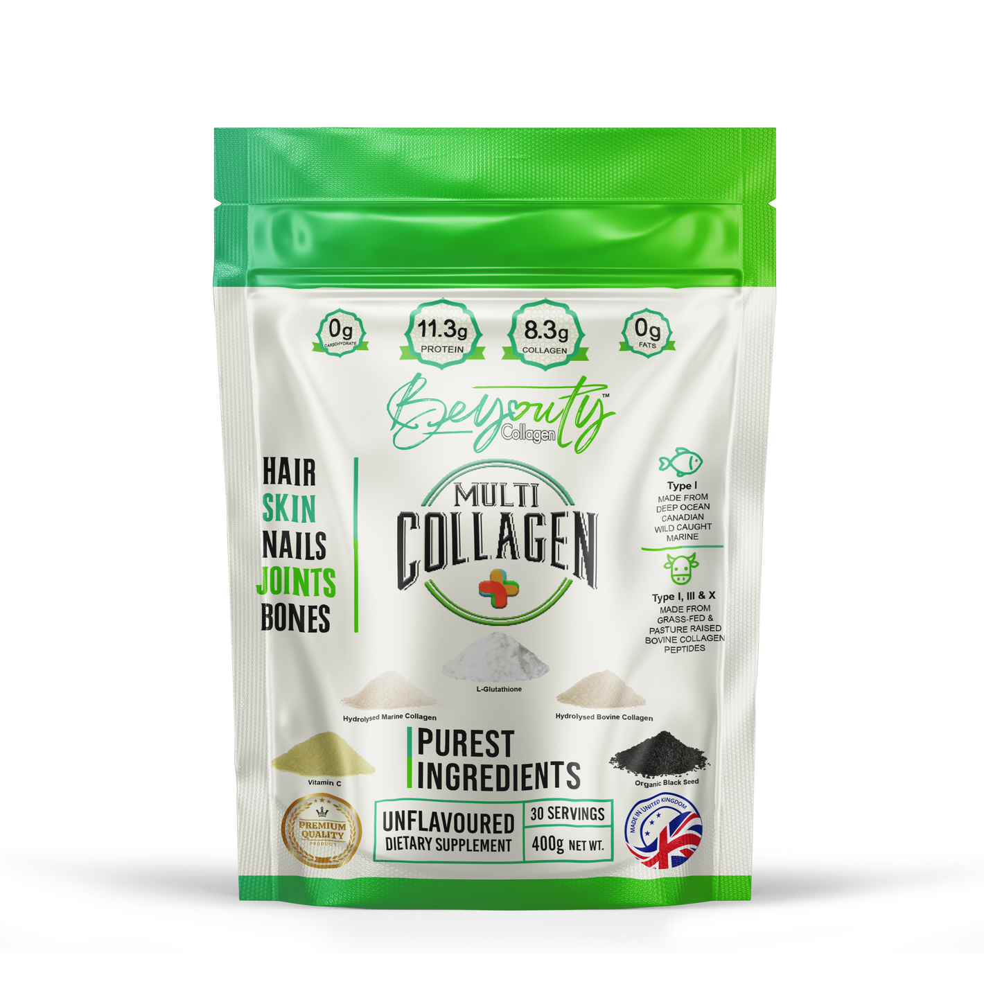 Front Pouch of PURE Hydrolysed Bovine & Marine Multi Halal Collagen TYPE I, III & X. Halal Collagen, Halal Collagen Supplements, Hydrolysed Bovine Collagen Peptides Powder, Hydrolysed Marine Collagen Peptides Powder,
Hydrolysed Multi Bovine & Marine Collagen Peptides Powder, Hydrolysed Collagen Peptides Powder UK, Buy Halal Collagen UK, Pure Hydrolysed Collagen Peptides Powder, BeYouty Collagen "Halal collagen powder UK – BeYouty Collagen"