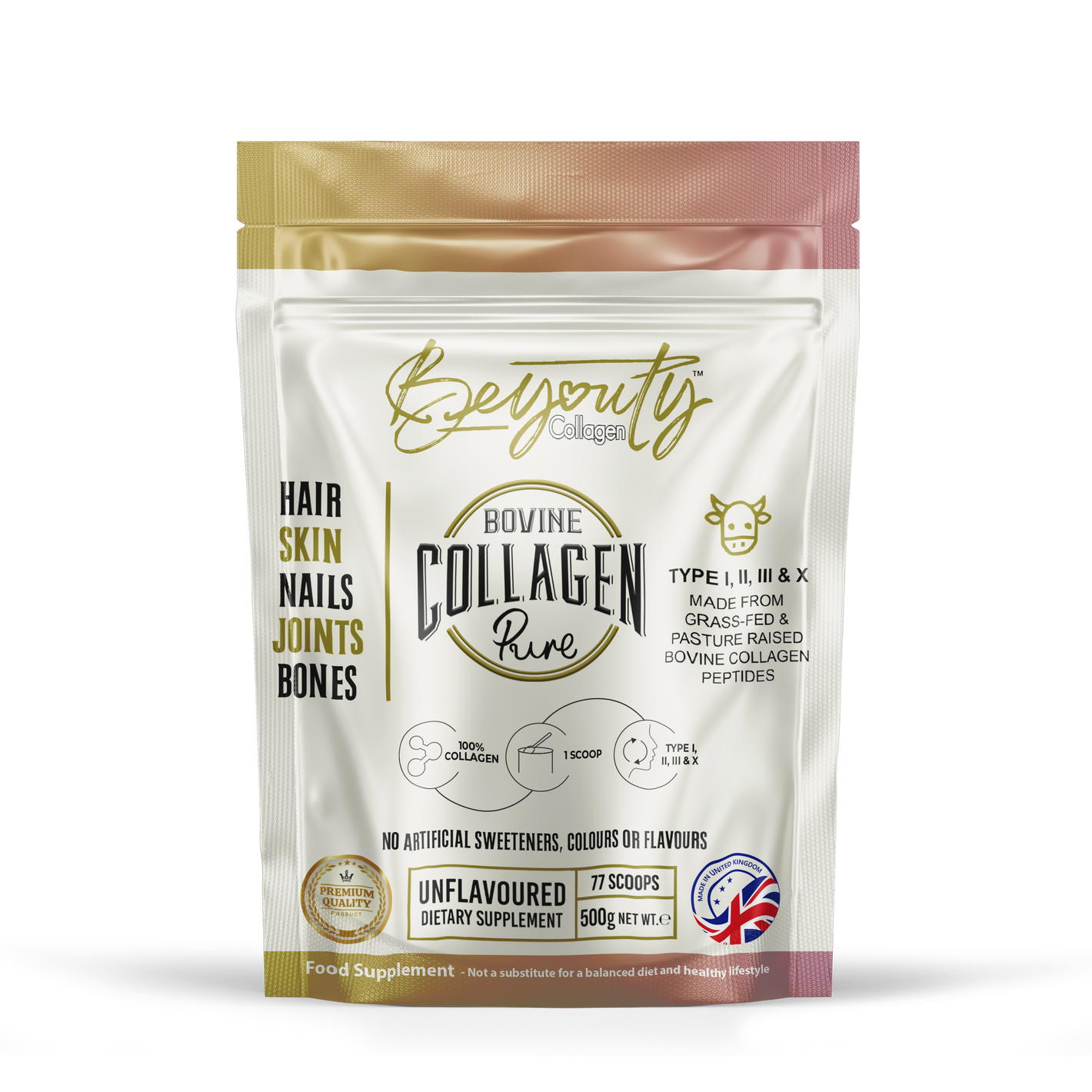 Front Pouch of Pure Hydrolysed Bovine Collagen Peptides supplement TYPE I, II, III & X - 500g Halal Collagen UK. BeYouty Collagen. Halal Supplements UK. BeYouty Vita Supplements UK. Buy Halal Collagen "Halal collagen powder UK – BeYouty Collagen"
