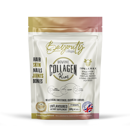 Front Pouch of Pure Hydrolysed Bovine Collagen Peptides supplement TYPE I, II, III & X - 500g Halal Collagen UK. BeYouty Collagen. Halal Supplements UK. BeYouty Vita Supplements UK. Buy Halal Collagen