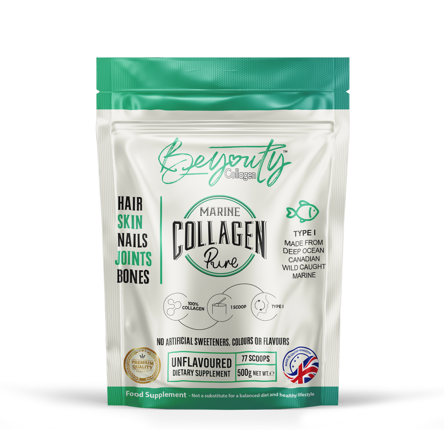 Front of Pouch Information of PURE Hydrolysed Canadian White Fish Marine Halal Collagen TYPE I. 500g. Halal Collagen, Halal Collagen Supplements, Hydrolysed Bovine Collagen Peptides Powder, Hydrolysed Marine Collagen Peptides Powder,
Hydrolysed Multi Bovine & Marine Collagen Peptides Powder, Hydrolysed Collagen Peptides Powder UK, Buy Halal Collagen UK, Pure Hydrolysed Collagen Peptides Powder, BeYouty Collagen "Halal collagen powder UK – BeYouty Collagen"