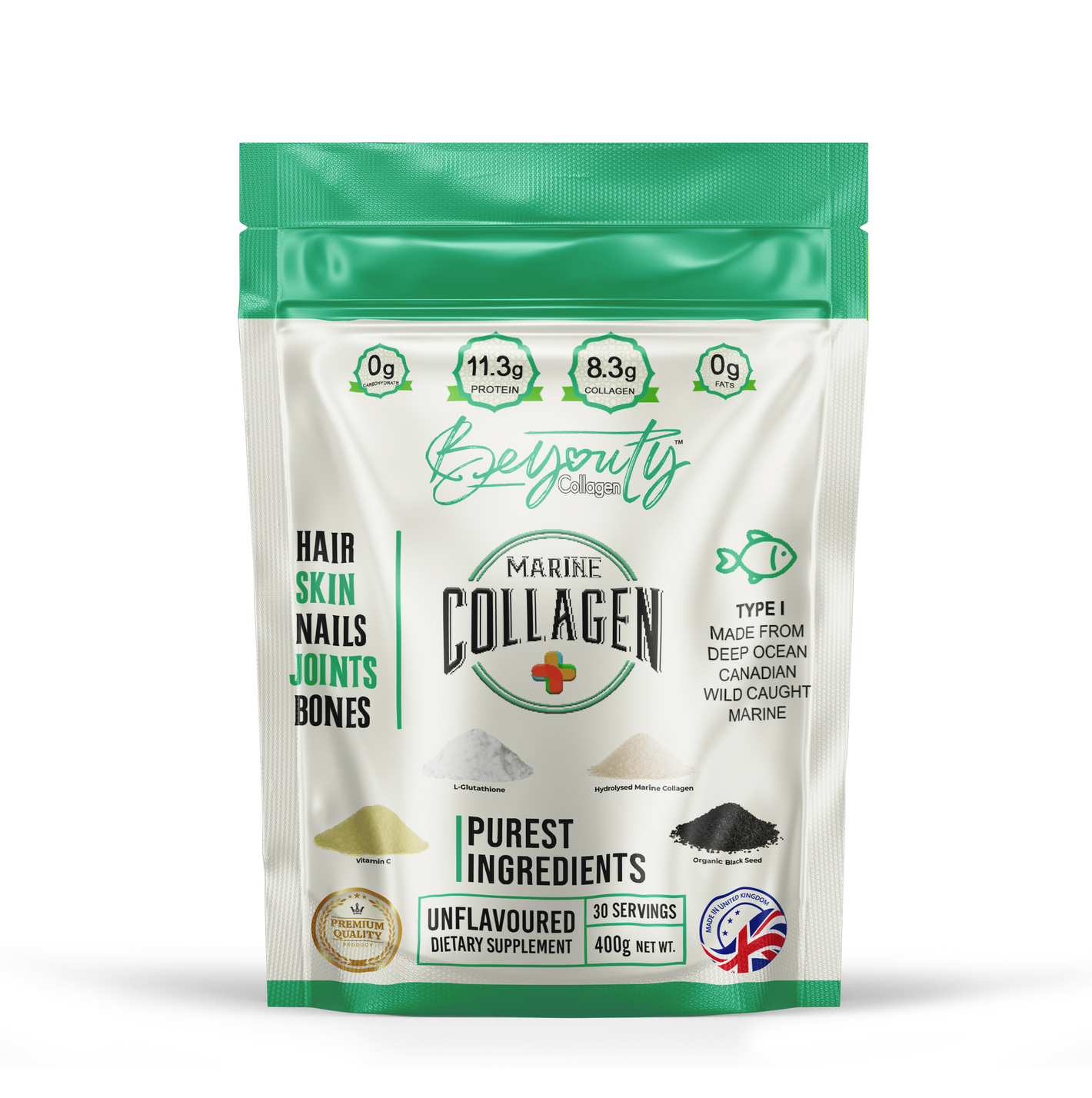 Front of Pouch Information of PURE Hydrolysed Canadian White Fish Marine Halal Collagen TYPE I. Halal Collagen, Halal Collagen Supplements, Hydrolysed Bovine Collagen Peptides Powder, Hydrolysed Marine Collagen Peptides Powder,
Hydrolysed Multi Bovine & Marine Collagen Peptides Powder, Hydrolysed Collagen Peptides Powder UK, Buy Halal Collagen UK, Pure Hydrolysed Collagen Peptides Powder, BeYouty Collagen "Halal collagen powder UK – BeYouty Collagen"