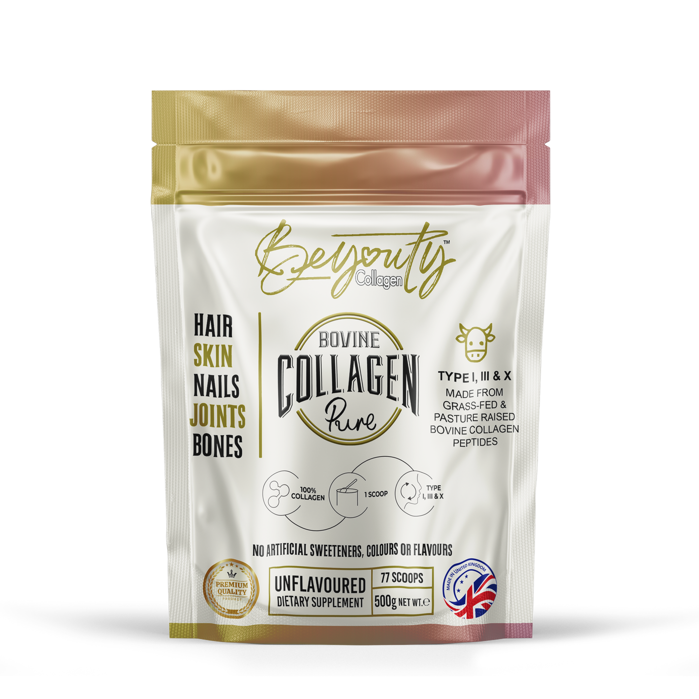 Front of Pouch with information Unflavoured Premium Quality Hydrolysed Bovine Collagen Peptides Powder Pure Premium High Grade Hydrolysed Collagen Protein Peptides Powder, Perfection for Hair, Skin, Nails, Joints, Bones & Muscle Halal Collagen UK. Made in the UK. 77 Servings per pouch. Food Supplement. Dietary Supplement Guidelines. Grass-Fed Bovine Collagen "Halal collagen powder UK – BeYouty Collagen"