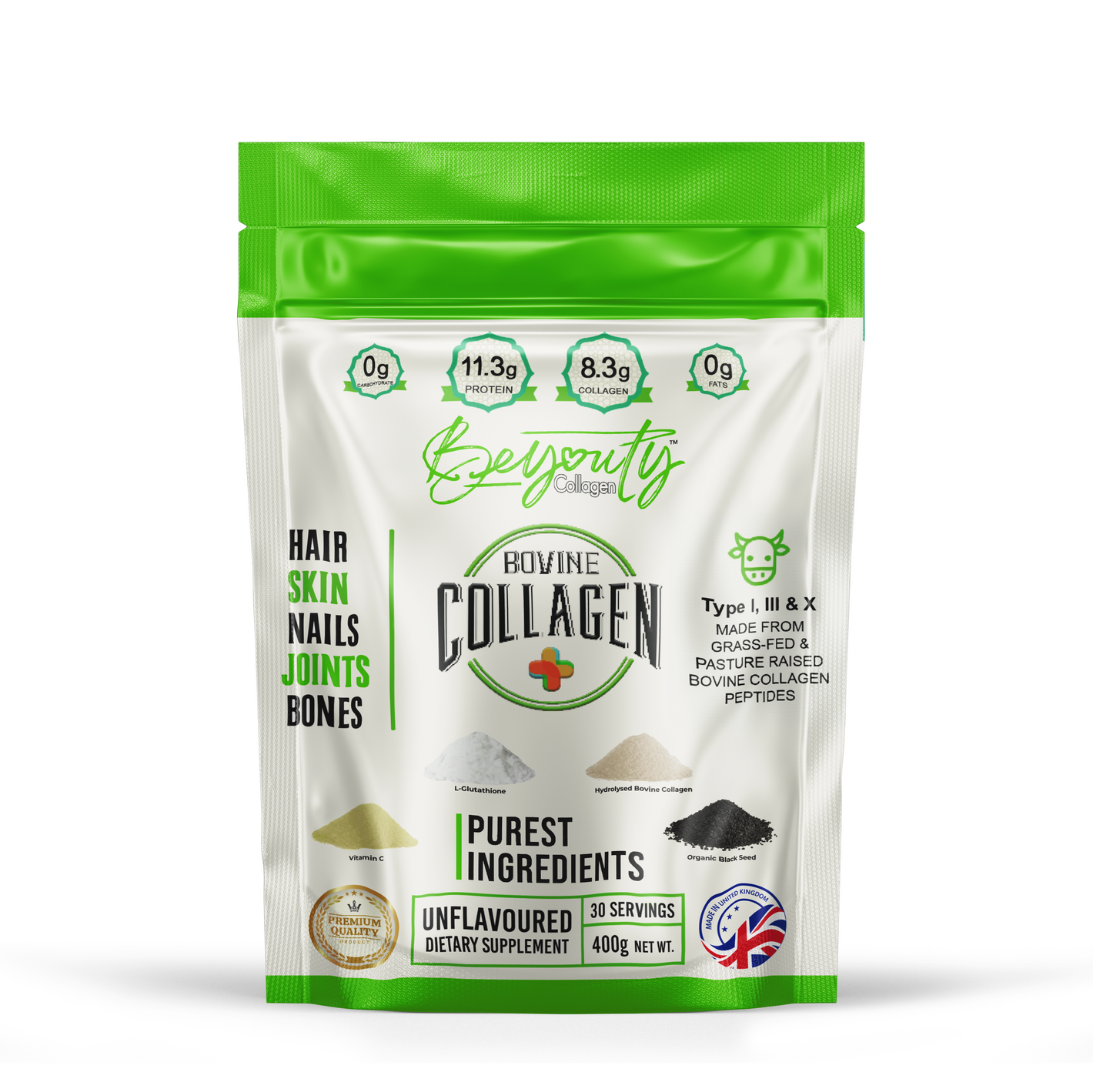 Front of the Pouch with Information of PURE Hydrolysed Beef Bovine Halal Collagen TYPE I, III & X. Halal Collagen, Halal Collagen Supplements Made in UK PURE Hydrolysed Beef Bovine Halal Collagen TYPE I, III & X. Halal Collagen, Halal Collagen Supplements in uk. Unflavoured Halal Collagen, Halal Collagen Supplements, Hydrolysed Bovine Collagen Peptides Powder, Hydrolysed Marine Collagen Peptides Powder,
Hydrolysed Multi Bovine & Marine Collagen Peptides Powder, Hydrolysed Collagen Peptides Powder UK, Buy 